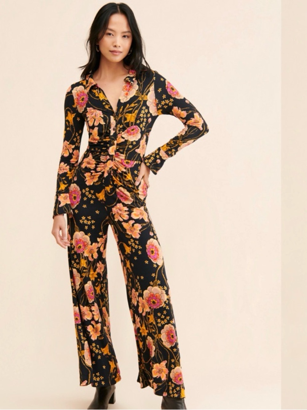 FREE PEOPLE Shayla black floral wide leg jumpsuit Women’s size XS
